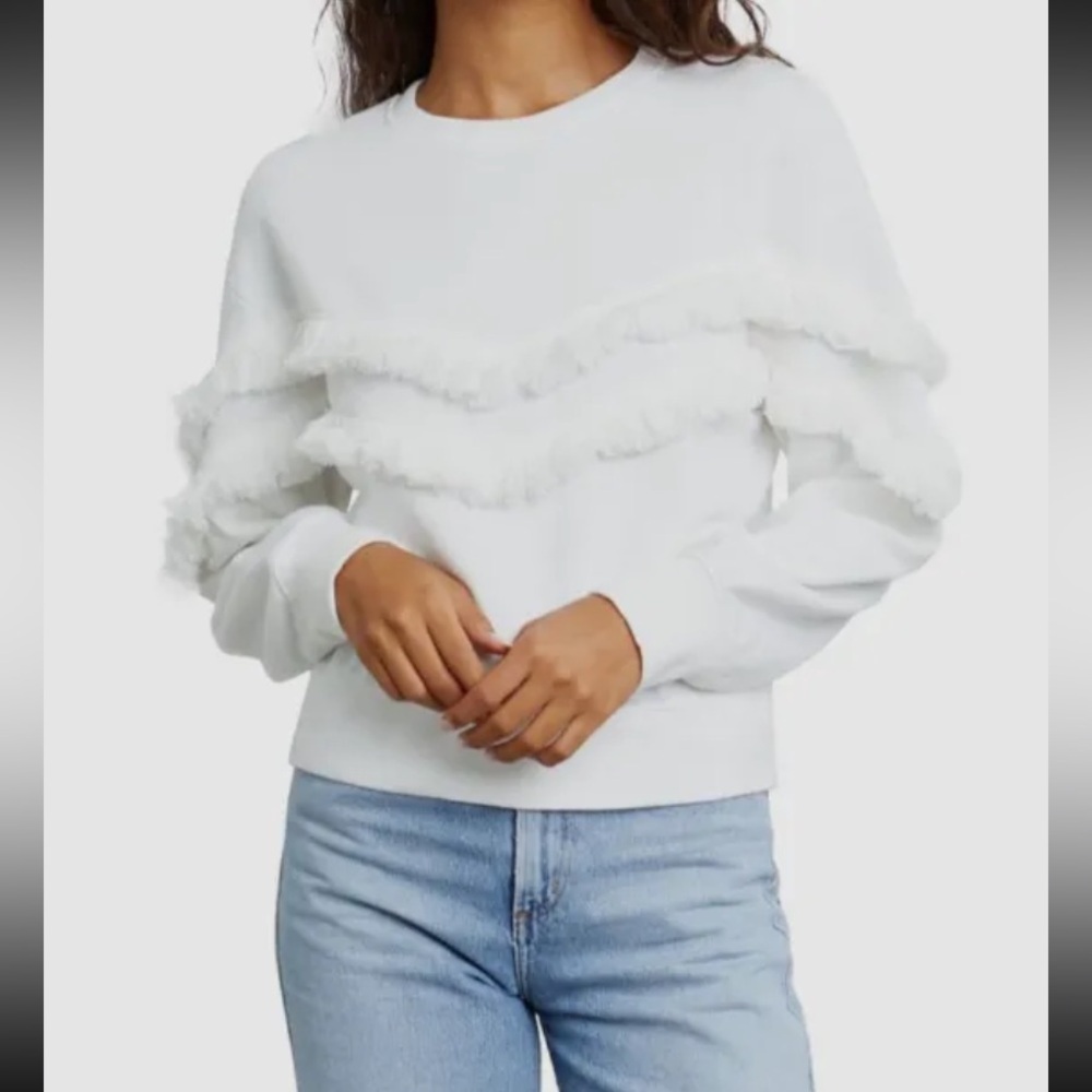 $148 Rails Women's White Kinsey Fringe Long-Sleeve Crewneck‎ Sweater Size XS
